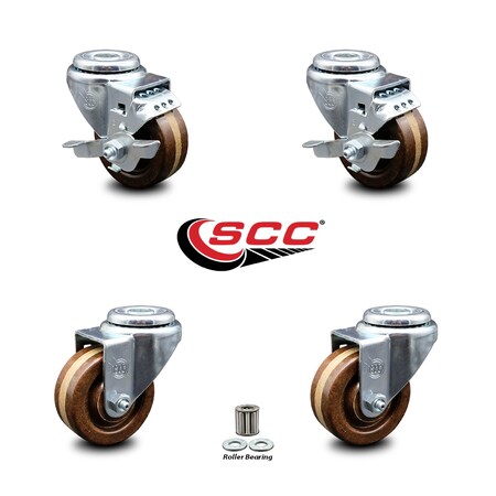 Service Caster 3 Inch High Temp Phenolic Wheel Swivel Bolt Hole Caster Set with 2 Brake SCC SCC-BH20S314-PHRHT-2-TLB-2